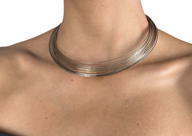 VTG Silver Tone Modernist Cleopatra Style Wire Choker Collar Statement Necklace