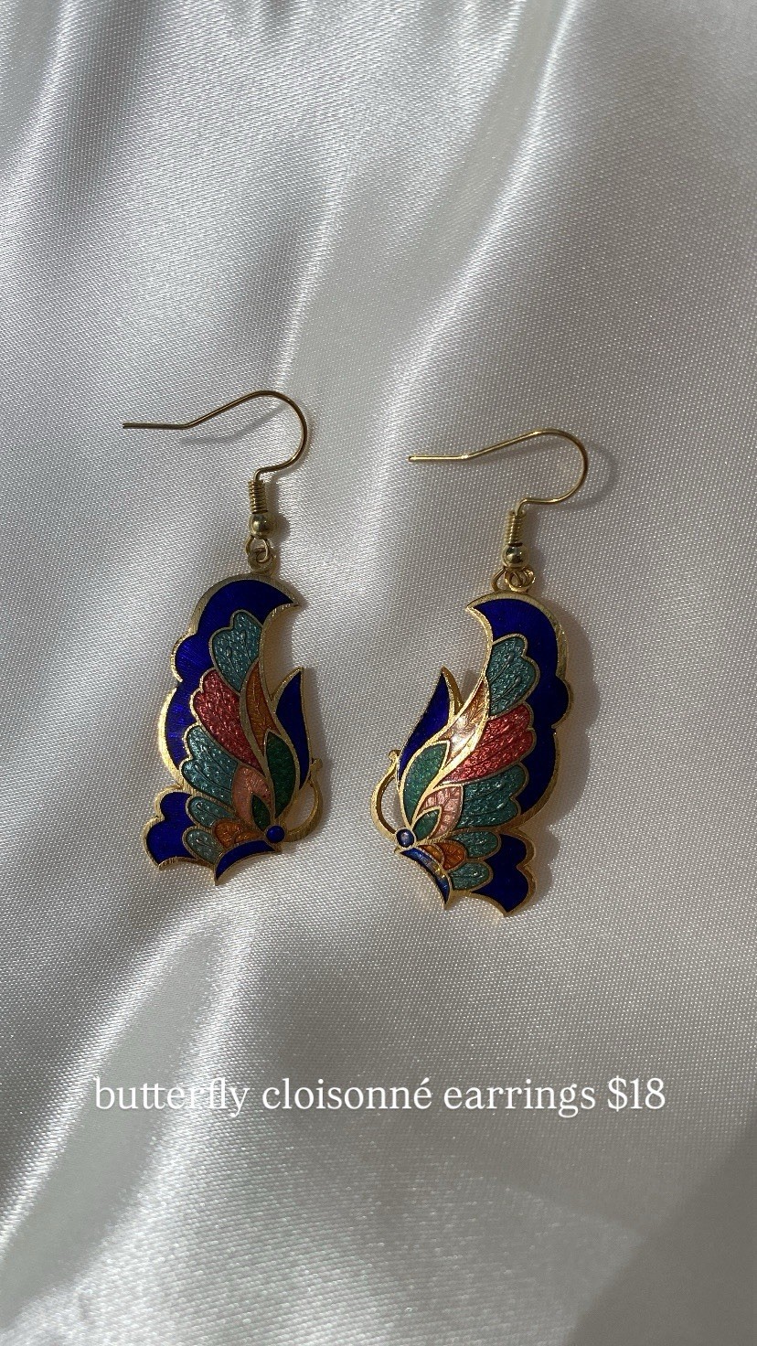vintage gold tone cloisonné butterfly dangle earrings on fish hooks