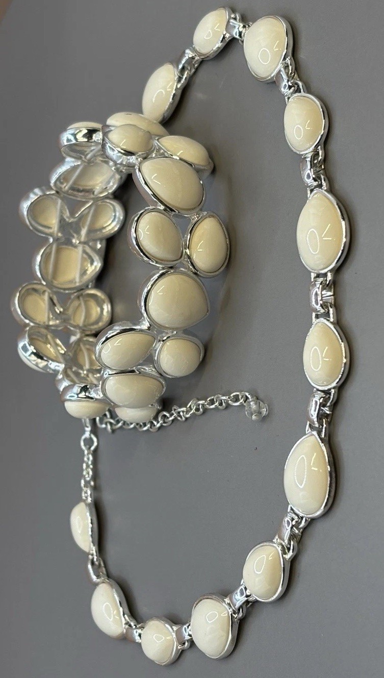 Vintage Napier Link Necklace Bracelet Cream Silver Tone