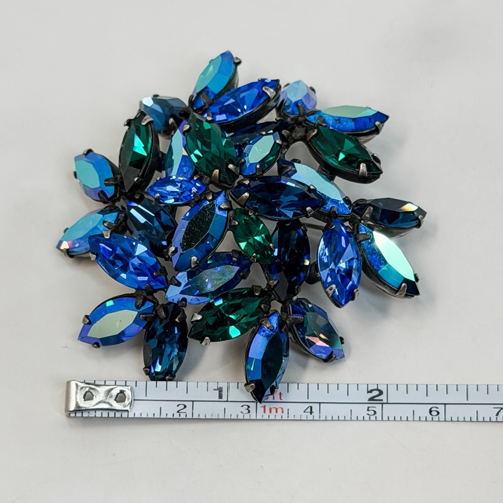 Signed REGENCY Electric Blue/Green Swirl AB Rhinestone Brooch/Earring Vtg Set