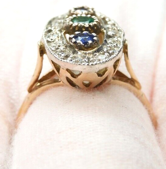 Victorian Emerald Sapphire Diamond Engagement Ring Size 6.75 UK-N 18KY EGL USA