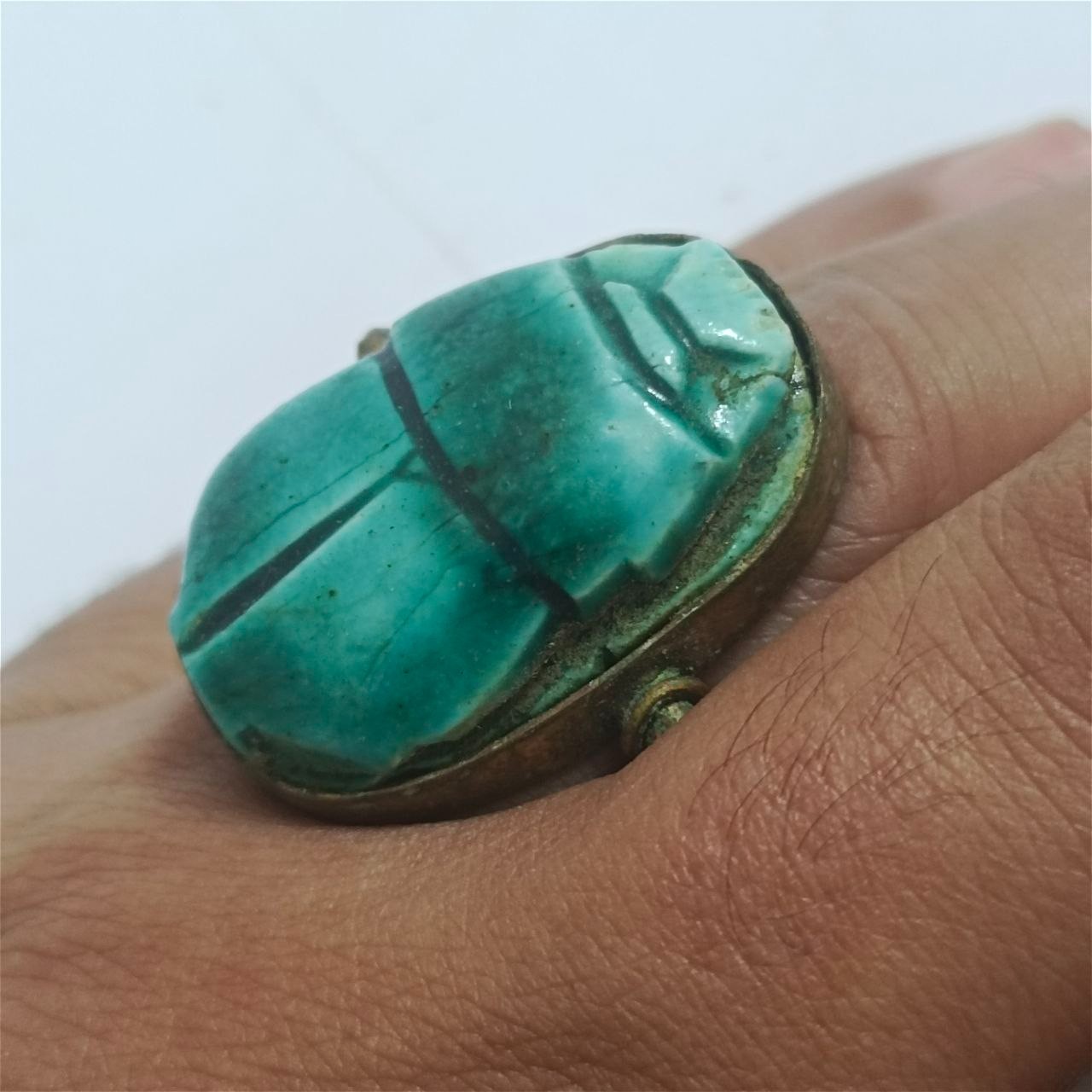 Ancient-Style Egypt Turquoise Scarab Ring Vintage Brass Setting Handmade Jewelry