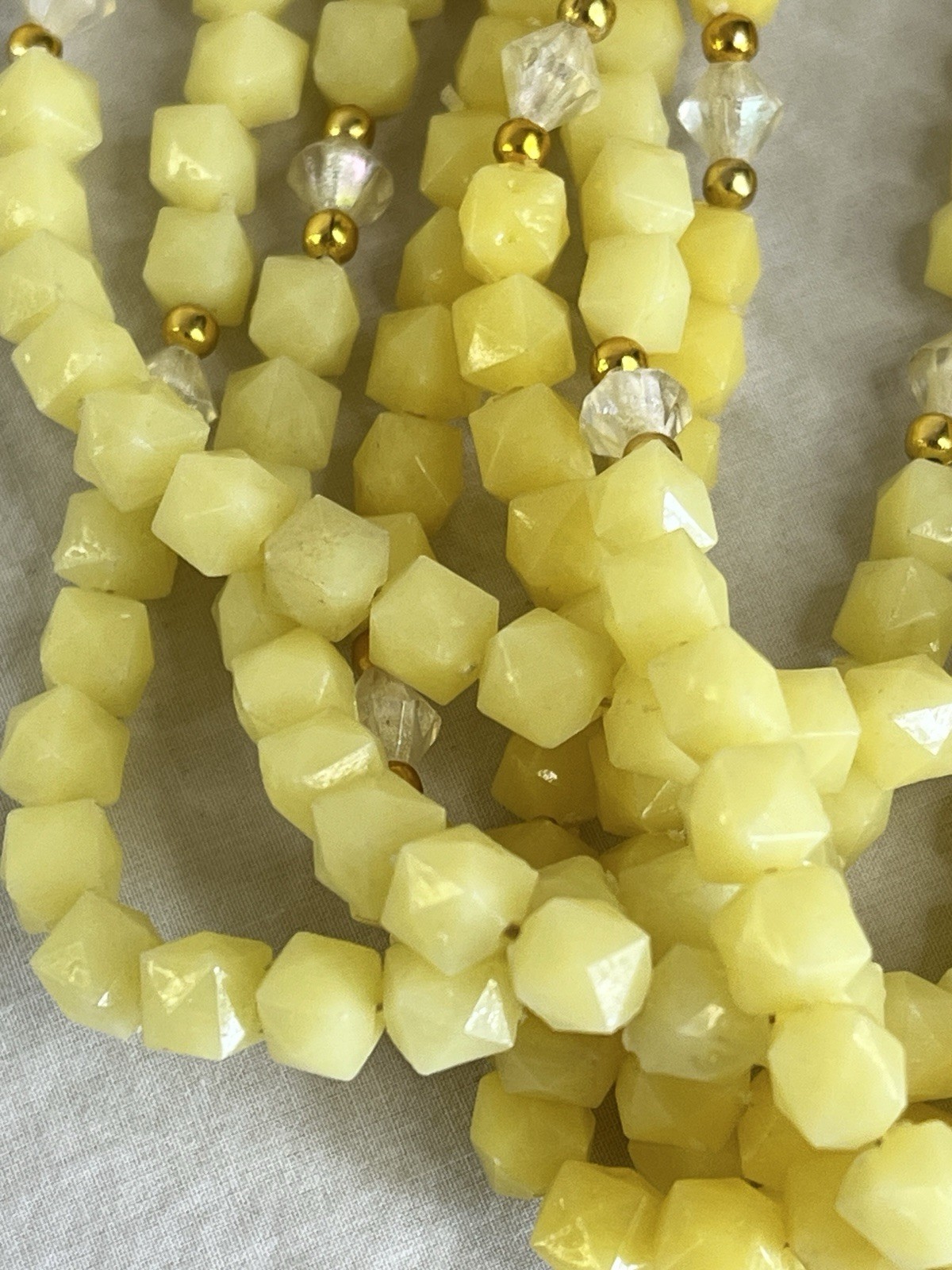 Hong Kong Yellow Beaded Necklace and Clip On Earrings Set Seven Strand Necklace
