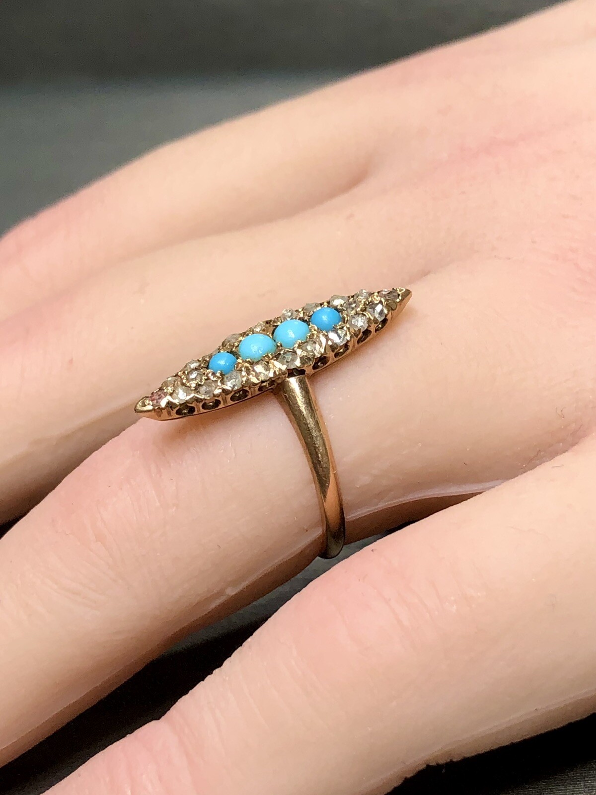 Antique Victorian 14K Rose Gold Turquoise Rose Cut Diamond Navette Ring Sz 5.5