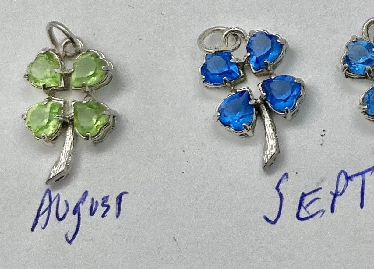 Vintage Mid Century Sterling Silver Rhinestone Birthday Clover Charms Pendants