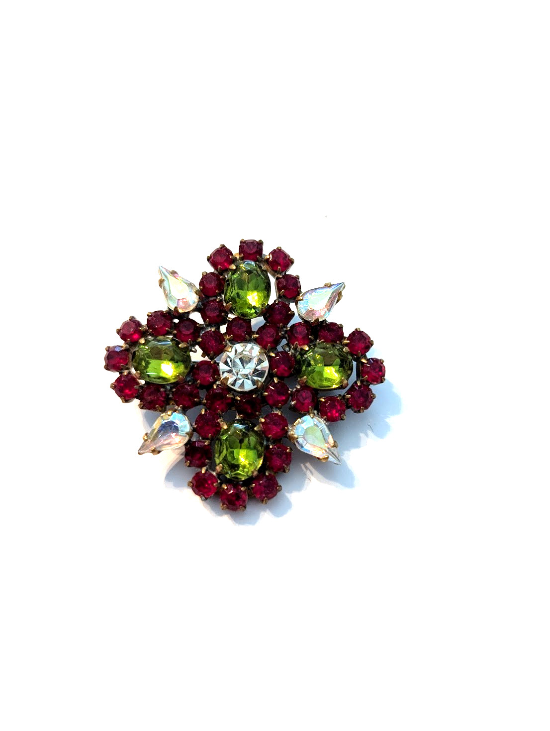 Vintage Czech Red and Green Rhinestone Brooch