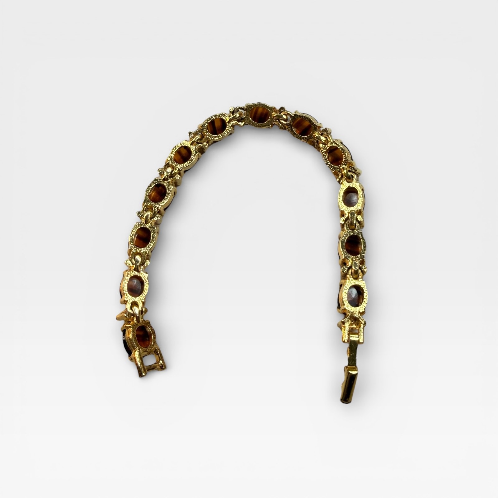 Vintage Tiger’s Eye Style Bracelet, Gold Tone Rhinestone Cabochon Link 7.25”