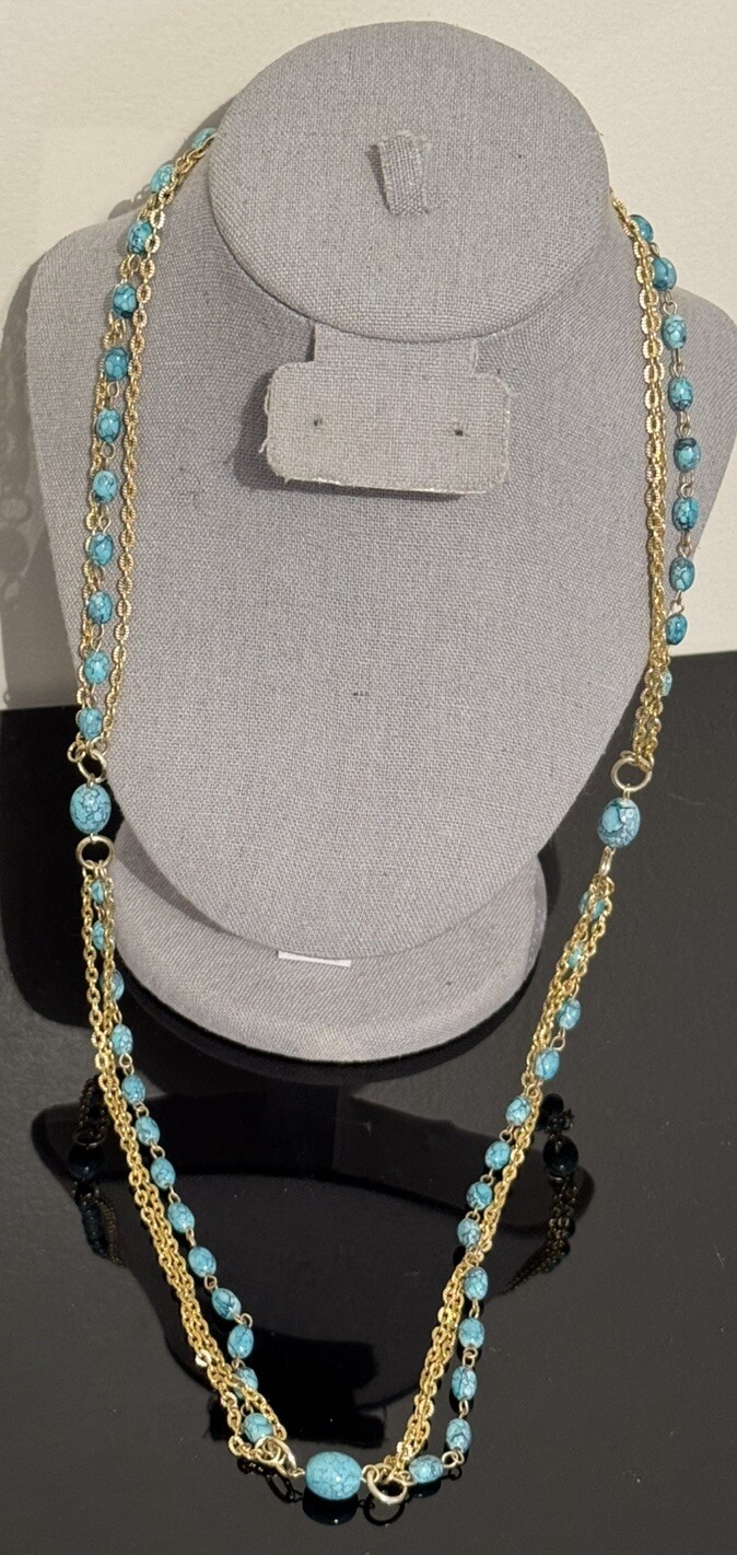 Vintage Hong Kong Necklace Multi Strand Turquoise Colored Beads Gold Tone Chains
