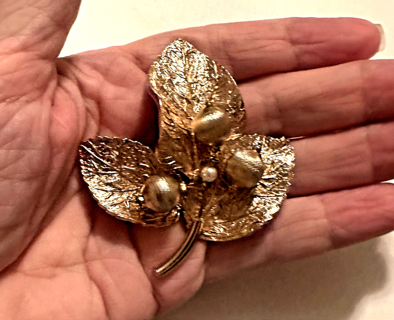 Vintage Signed Capri Gold Tone Acorn Leaf Brooch Pin Textured Leaves 2 5/8″