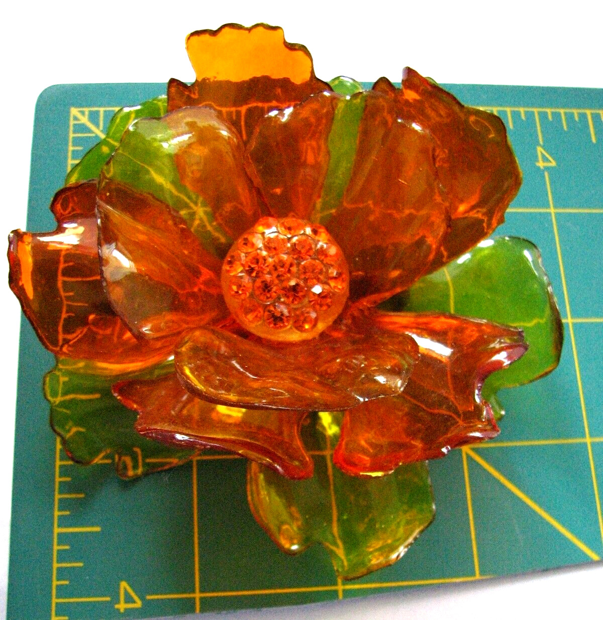 Gorgeous Vintage 1960s Massive Rhinestone Vibrant Orange Yellow Acetate Brooch