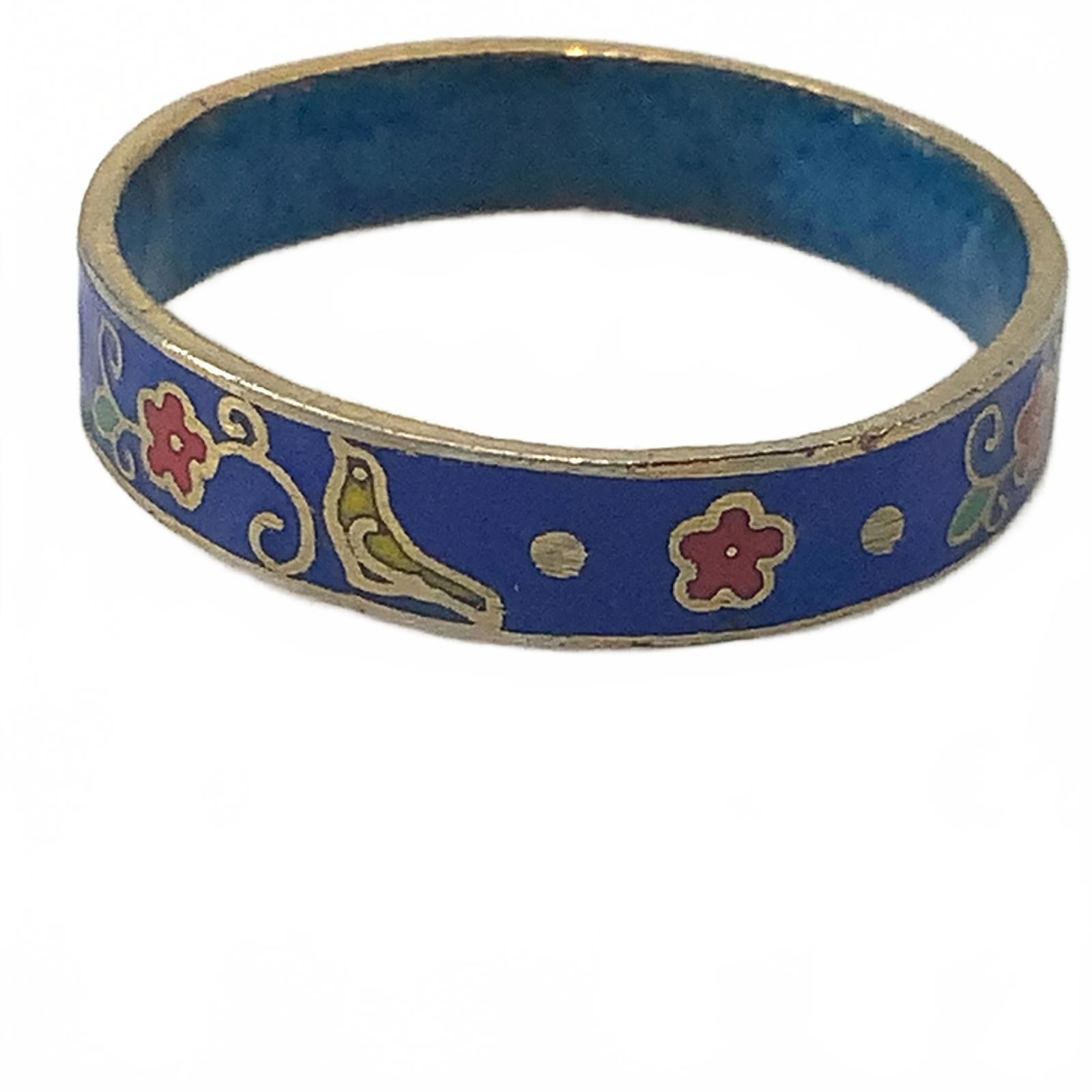 Vintage Cloisonne Enamel Boho Floral Band Ring Blue Gold Tone Size 7.5 Stackable