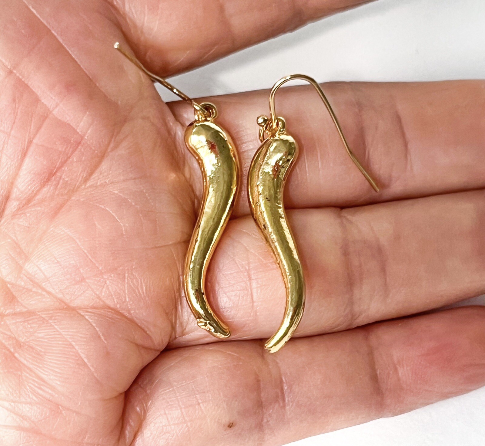 Horn Earrings Cornicello Drop Dangle Hook Yellow Gold Plated Estate VTG NOS
