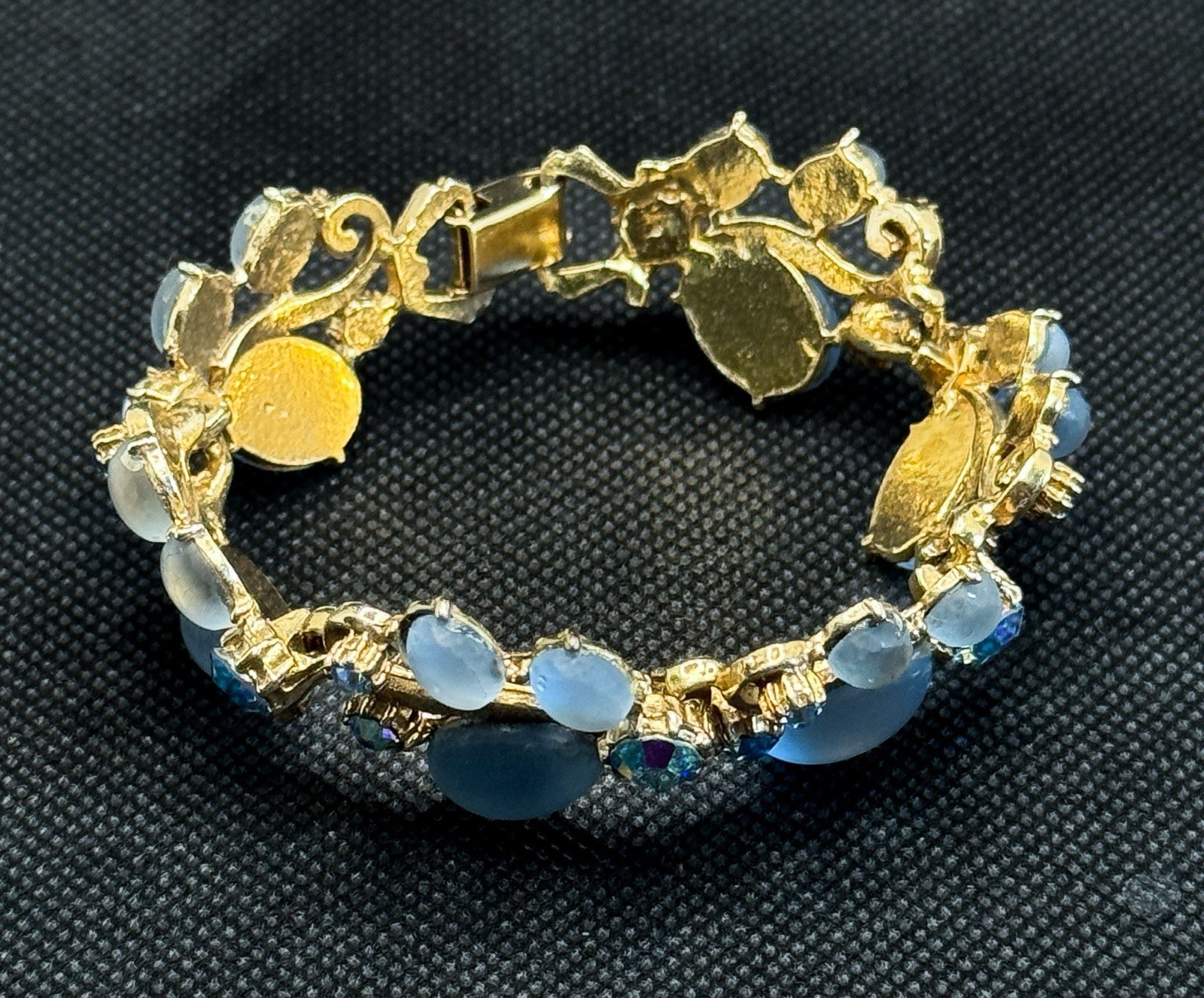 Vintage Blue Moonstone Cabochon Bracelet AB Rhinestones Gold Tone Mid Century