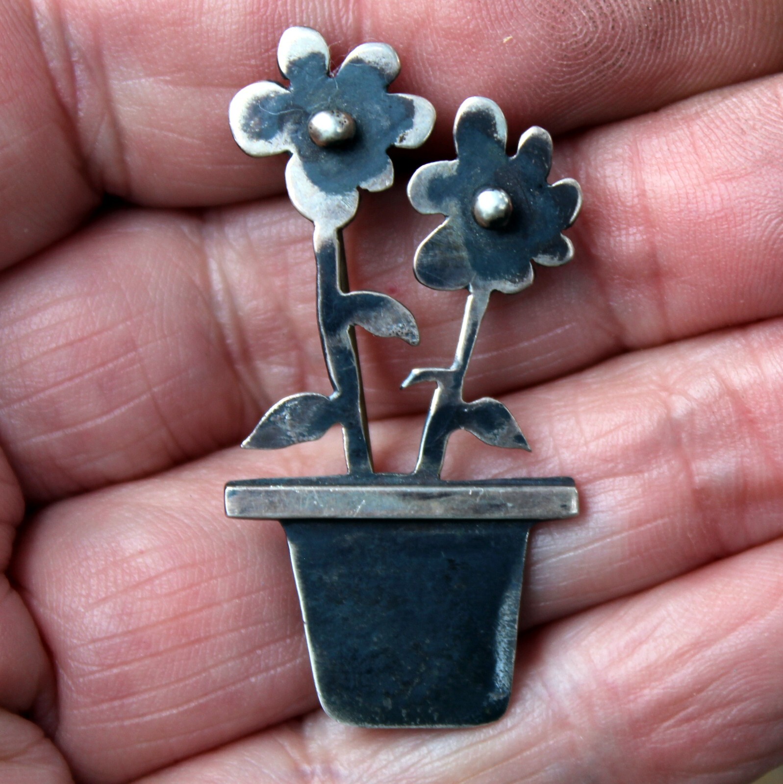 Old Post WWII MODERNIST Artisan Handmade Sterling Silver FLOWERS Brooch Pin
