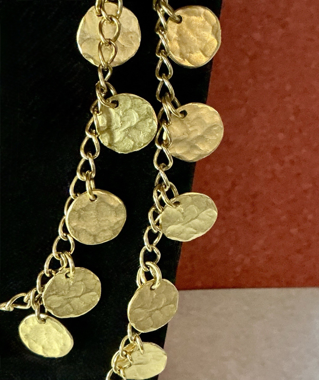 Vintage Kenneth Jay Lane Satin Gold Hammered Coins Discs Necklace 36″ Long 1980s