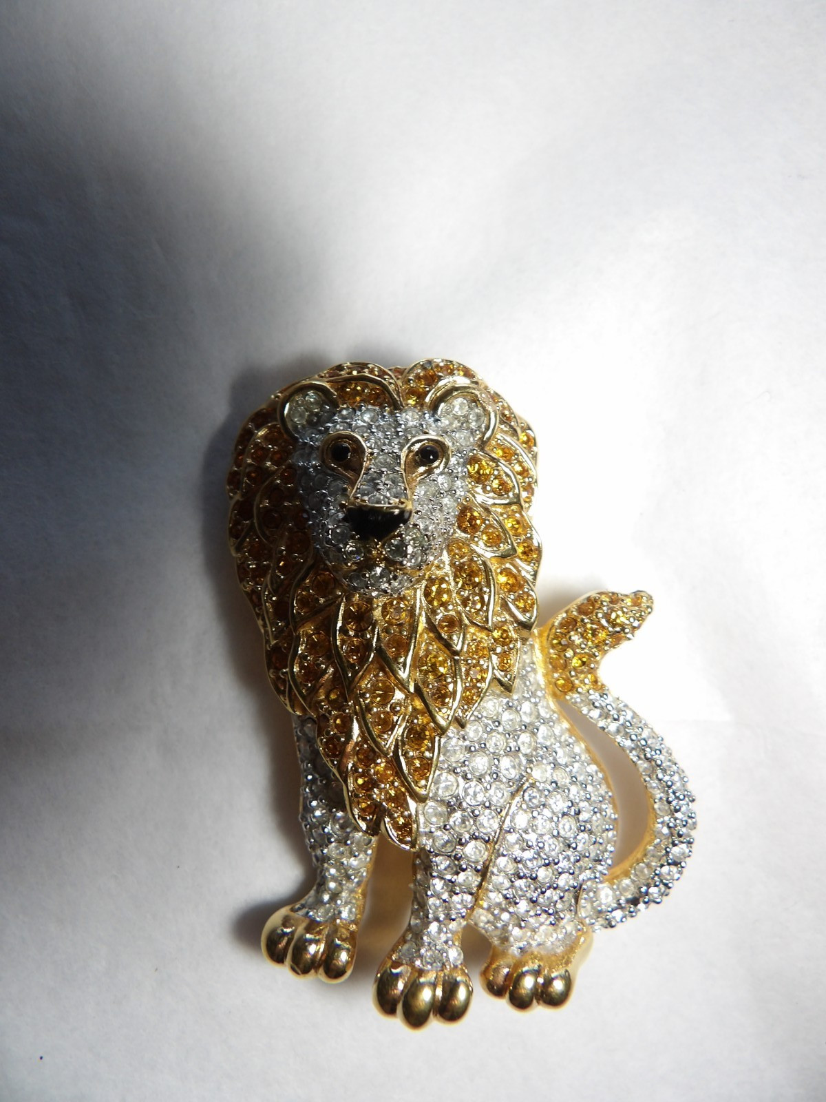 Swarovski Swan Signed Gold Plated Orange/Clear Pave Crystals Lion 2.25” Brooch