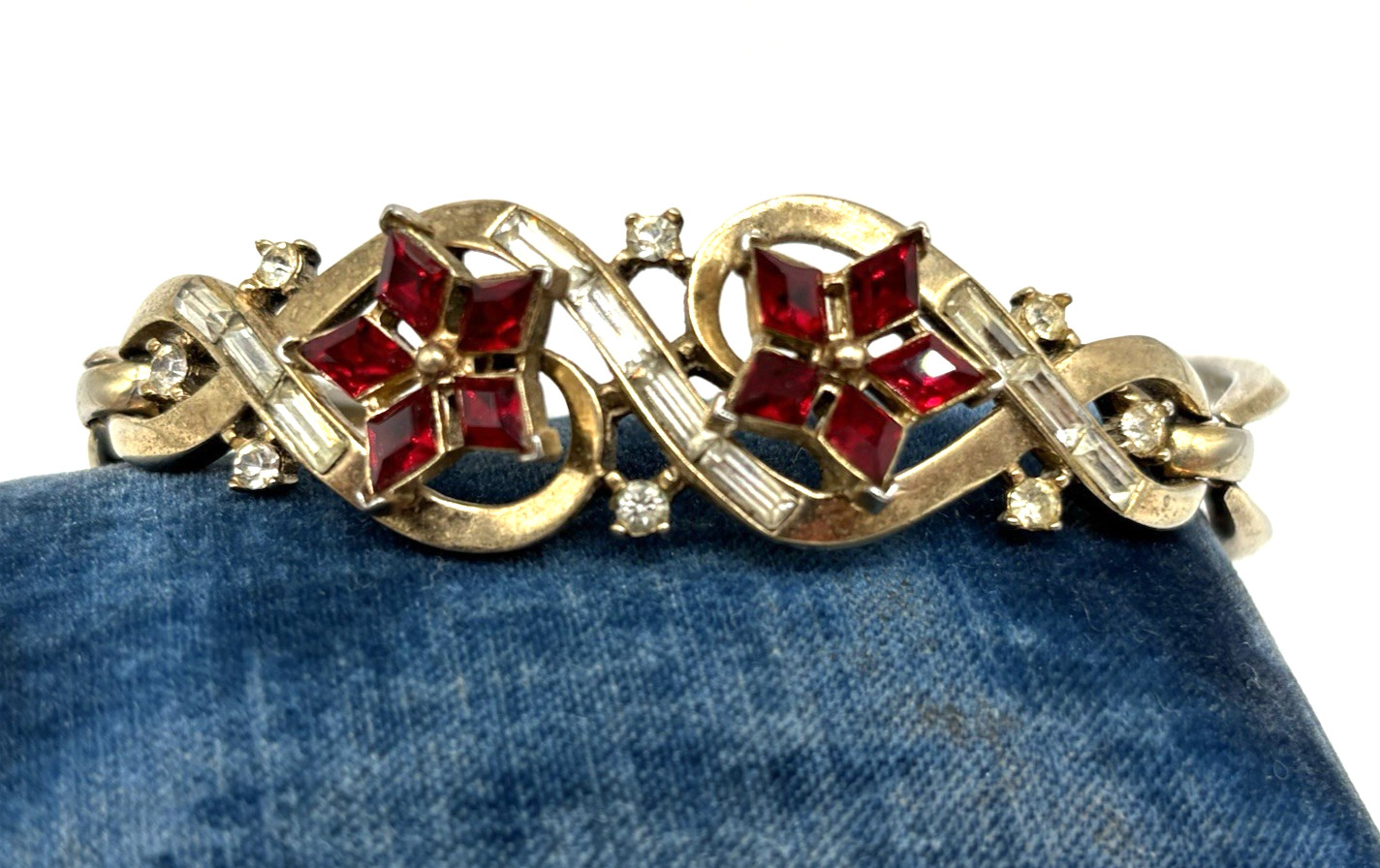 Crown Trifari Philippe Twinkle Bracelet Hinged Ruby Red Crystal Rhinestone Gold