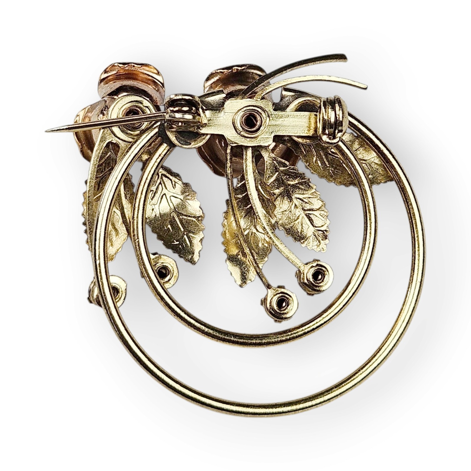 Vintage Double Rose Brooch Two Tone Brushed Gold Plated Rhinestone Floral Spray