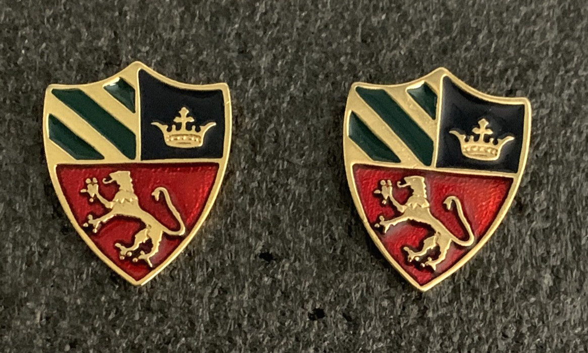 Vtg Shield Earrings Lion Crown Enamel Brushed Gold 1980s Pierced Heraldic Crest