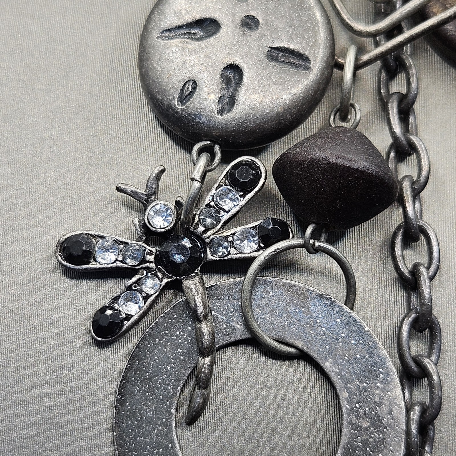 Silver Dragonfly Necklace Runway Boho Chunky Wood Metal Bib Beaded Stone Vintage