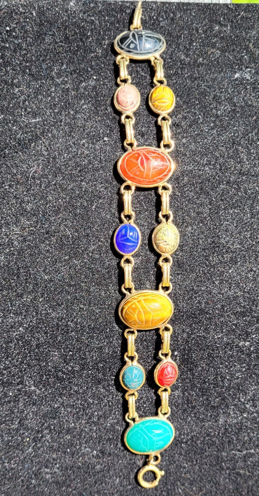 Vintage 12K Gold Filled Scarab Bracelet Egyptian Revival 7″