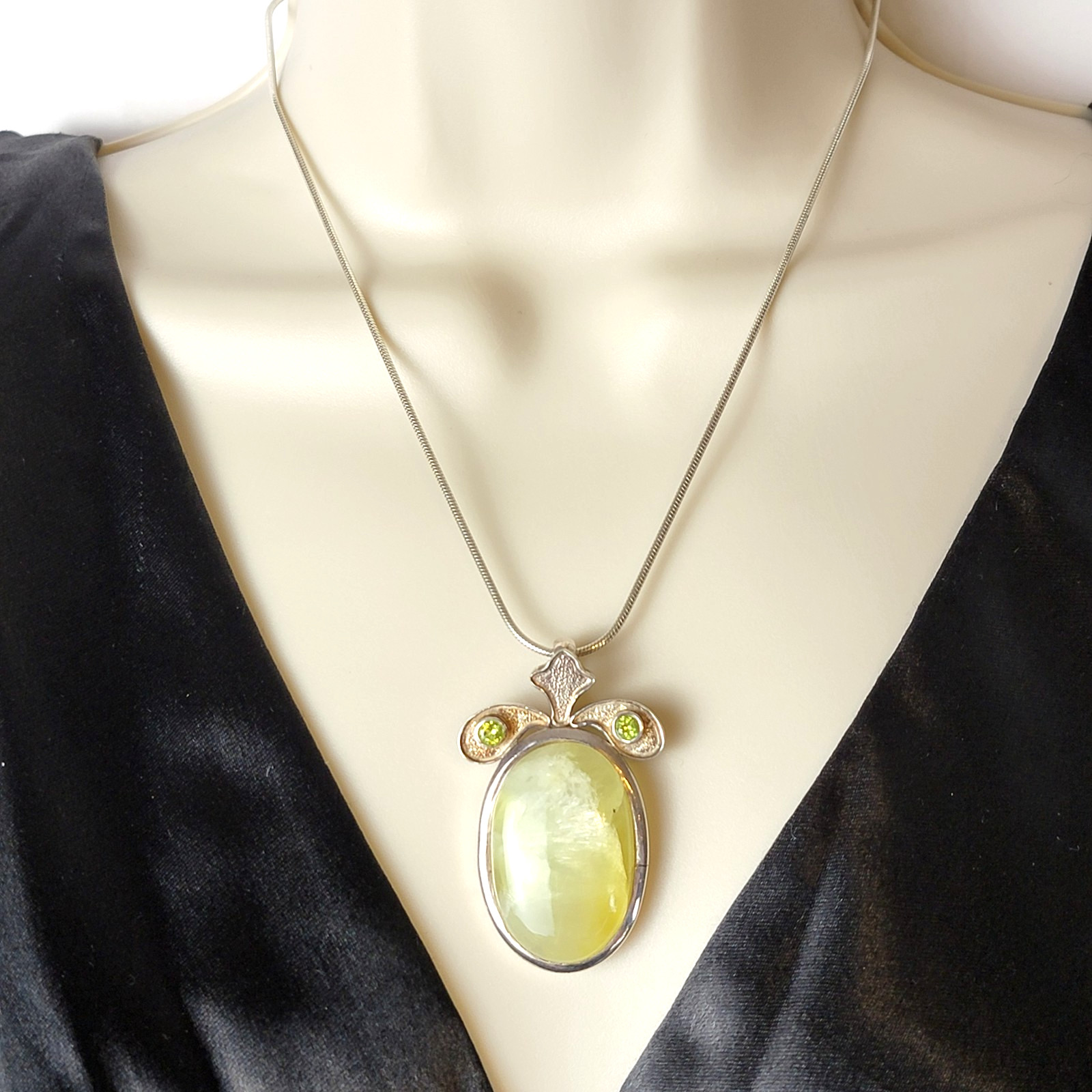 Vintage Prehnite Peridot Statement Pendant 925 Sterling Silver Large Boho 25g