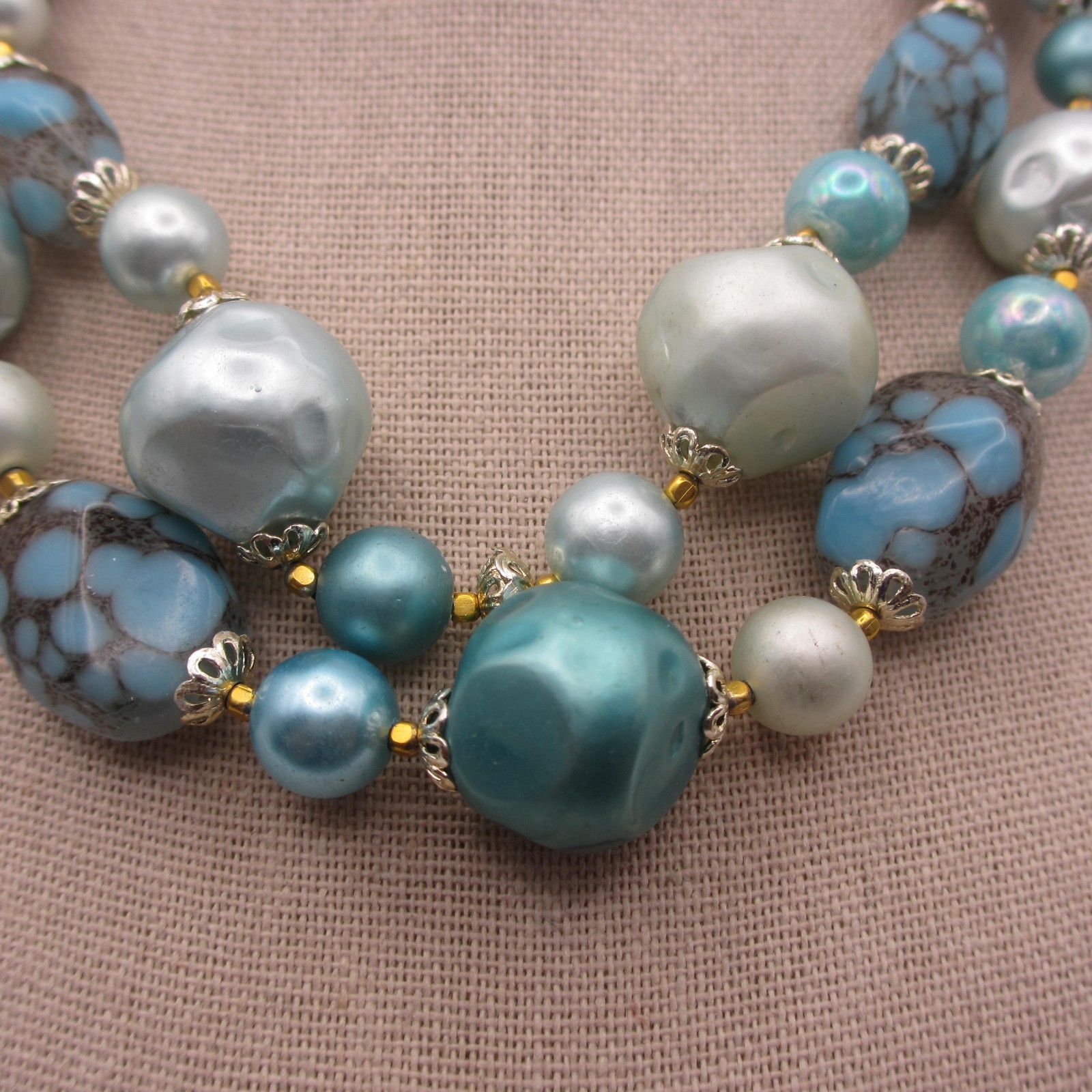 Vintage Beaded Necklace Blue Layered Japan 16 inch