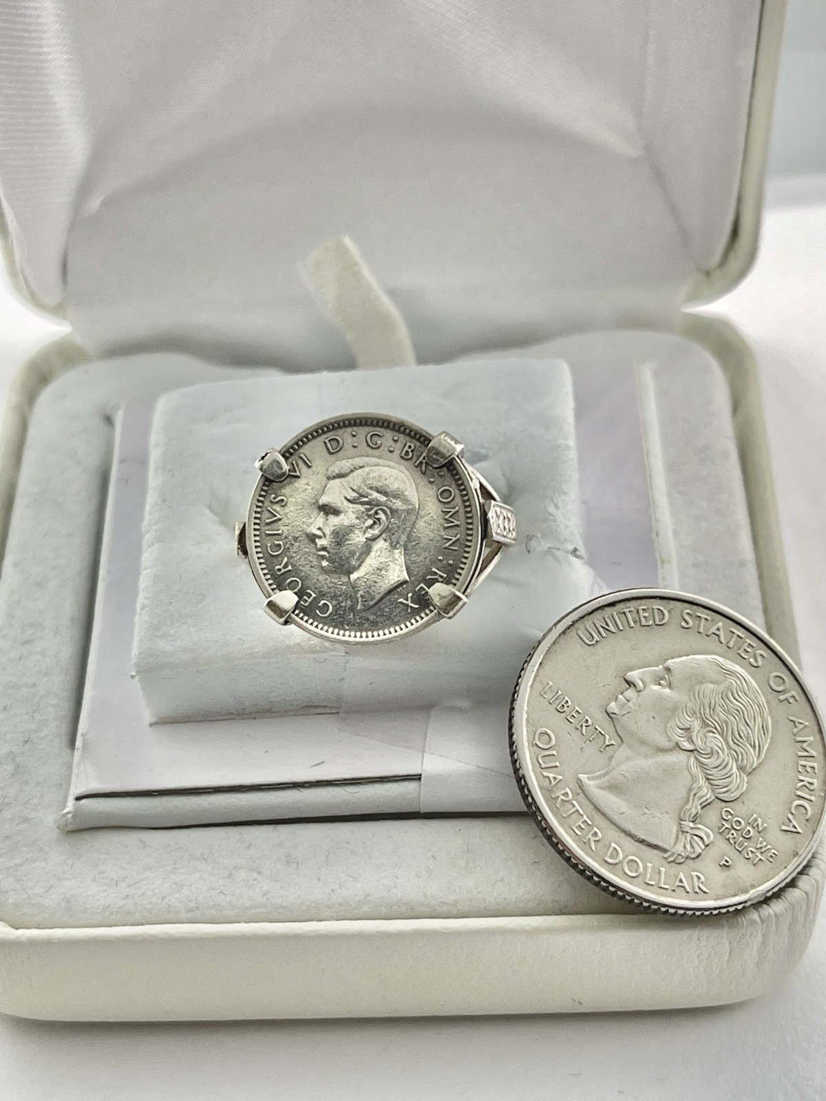 Antique 1938 George VI Threepence Coin Ring 925 Sterling Silver Mounted 7 1/2