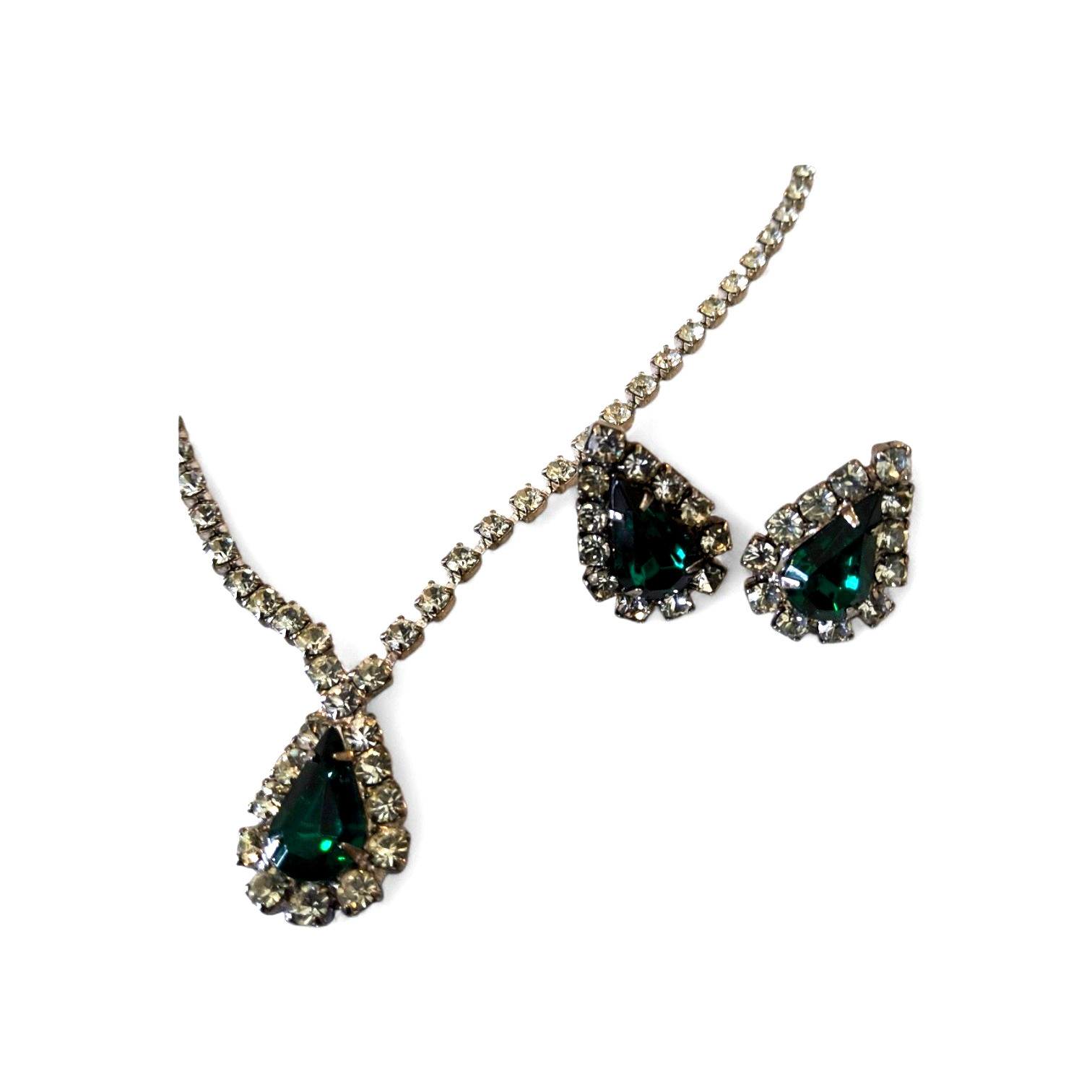 Vintage Rhinestone Choker Neckace/Earrings Set Green Teardrop Silver Tone Bridal