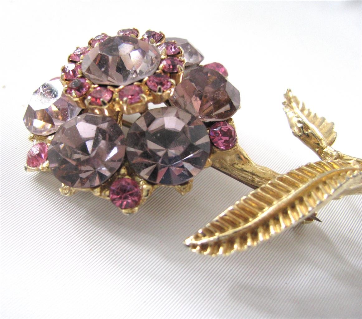 Vintage EdLee Lavender Pink Rhinestone Flower Brooch Pin Gold Plated Dazzling 3″