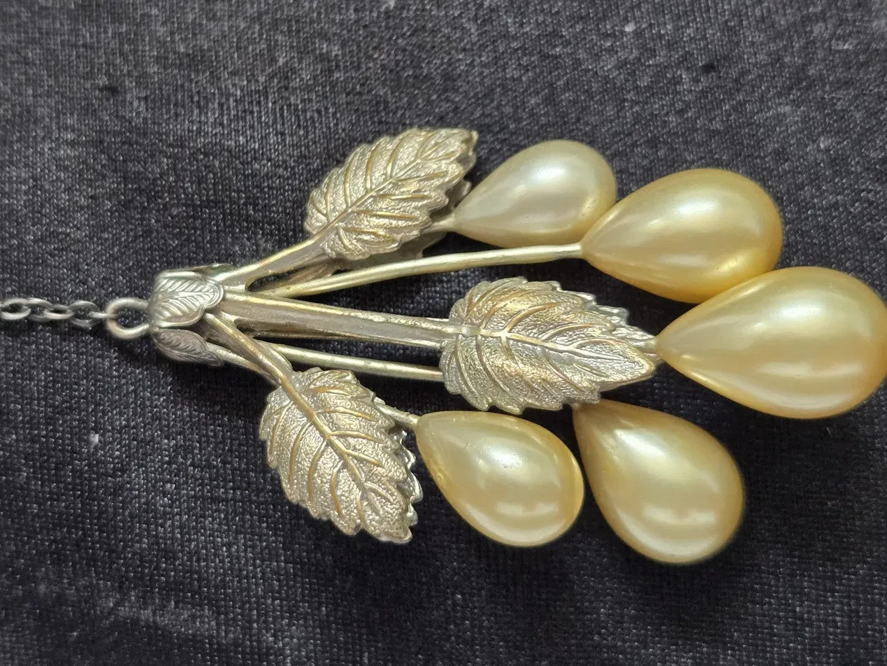 Vintage Faux Pearl Teardrop Double Strand Negligee Necklace Silver Tone