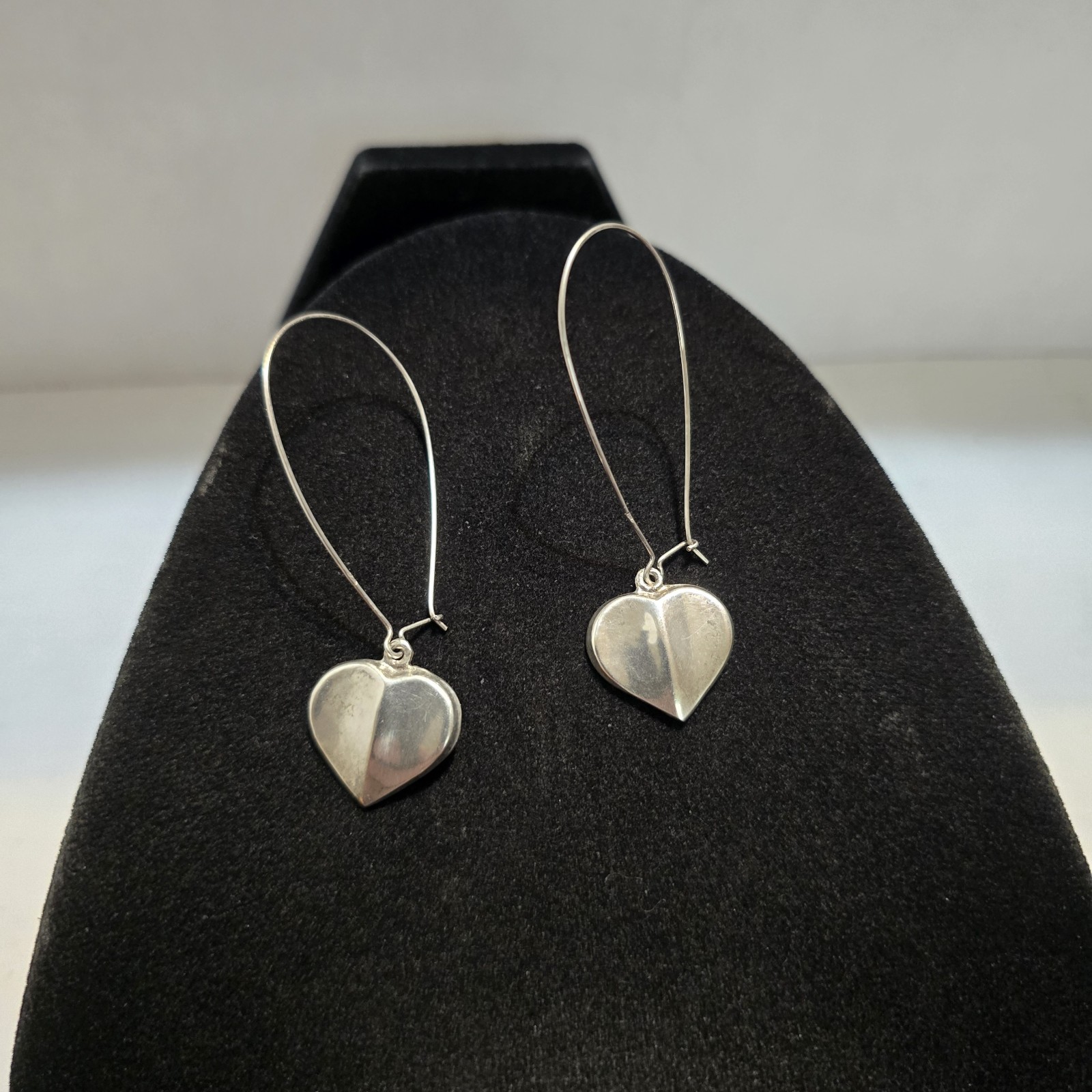 Vintage 2.6 Inch Sterling Silver Puffy Heart Wire Hook Earrings