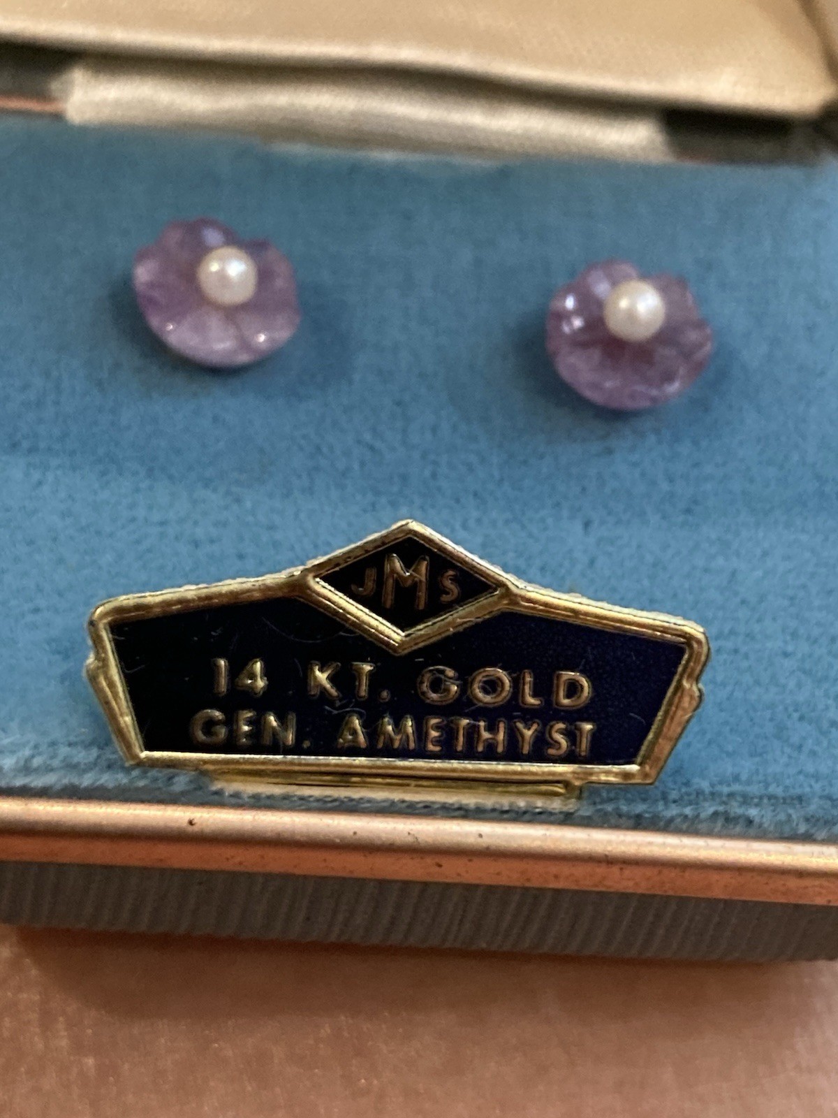 VTG Jems by JMS 14kt Gold Amethyst Flower Post Earring In Original Box