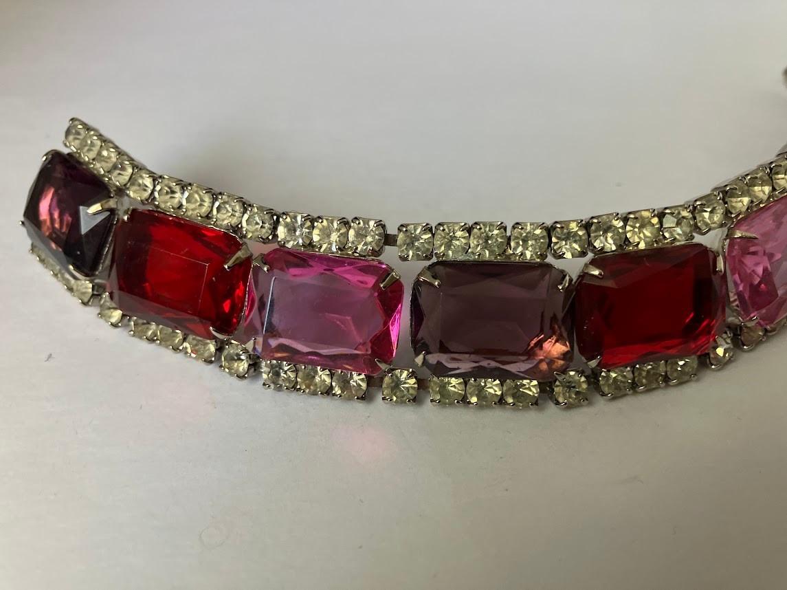 Vintage Rhinestone Panel Bracelet Square Cut Chunky Bling Purple Pink Red Clear