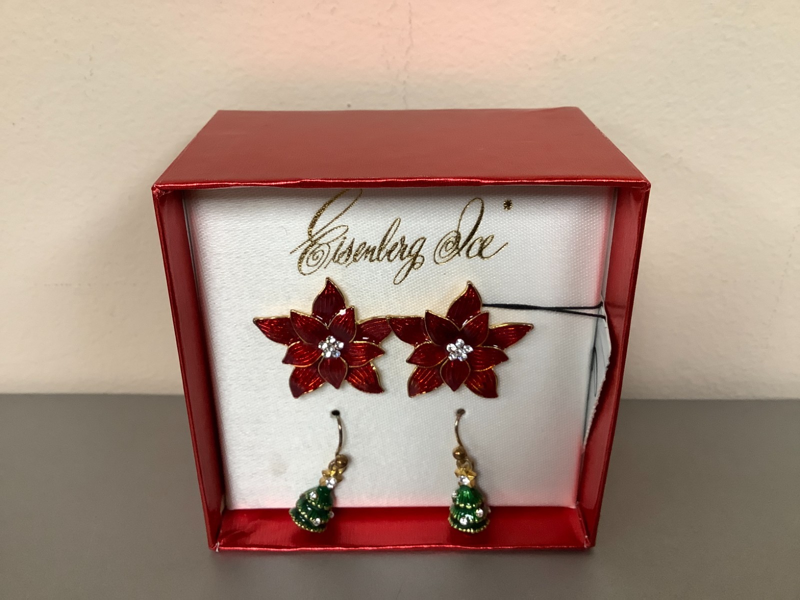 Vtg Poinsettia Red Enamel & Green Bell pierced Earrings-signed-Eisenberg Ice-New