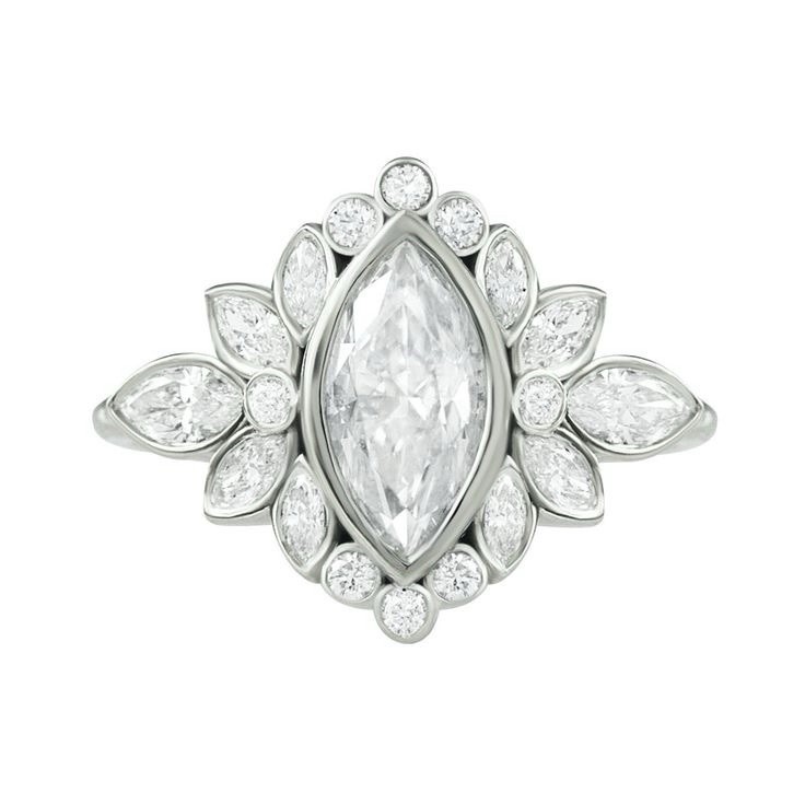 Floral Cluster Contemporary Style Bezel Set Marquise Moissanite Engagement Ring