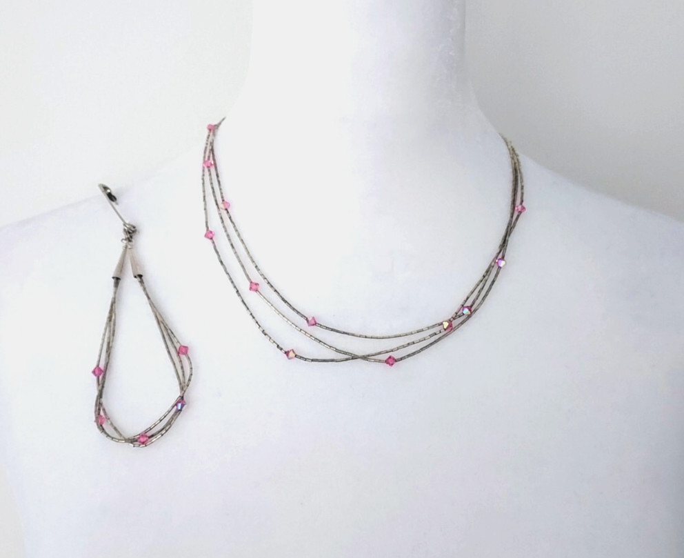 Vintage Silver Necklace & Bracelet 1990’s Pink Crystals Beautiful! 9″ drop