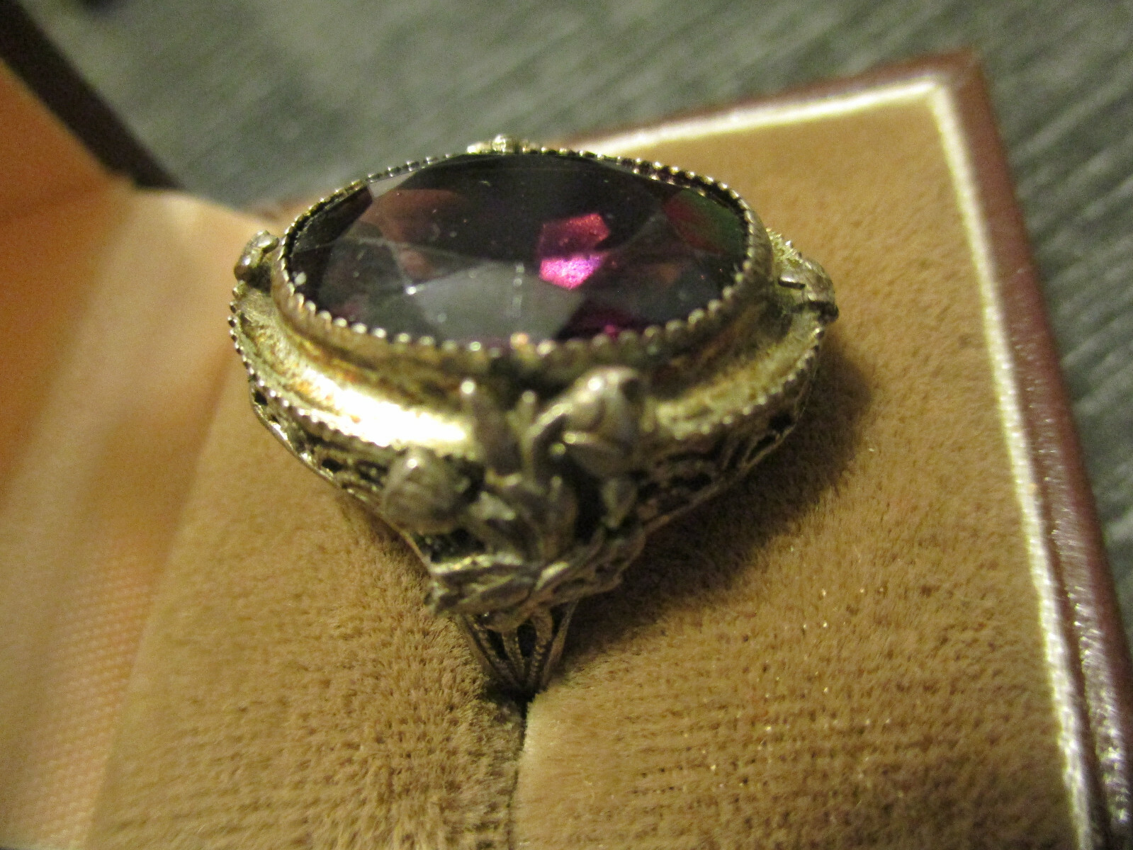 Antique Faux Amethyst Glass Sterling Silver Rose Filigree Cocktail Ring Size 6.5
