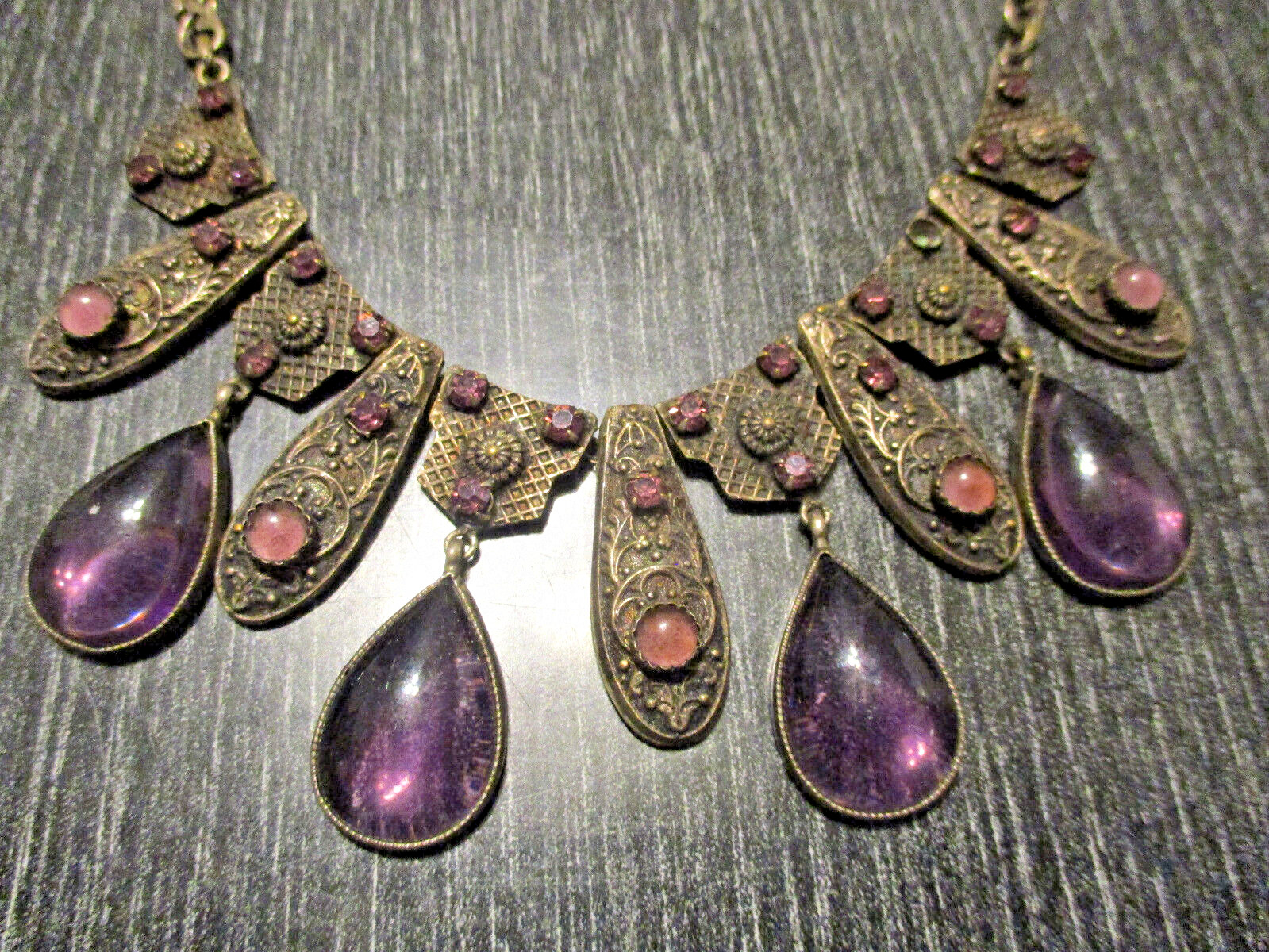 Fine Antique Deco Made in France Purple Glass Rhinestone Choker Drop Necklace!