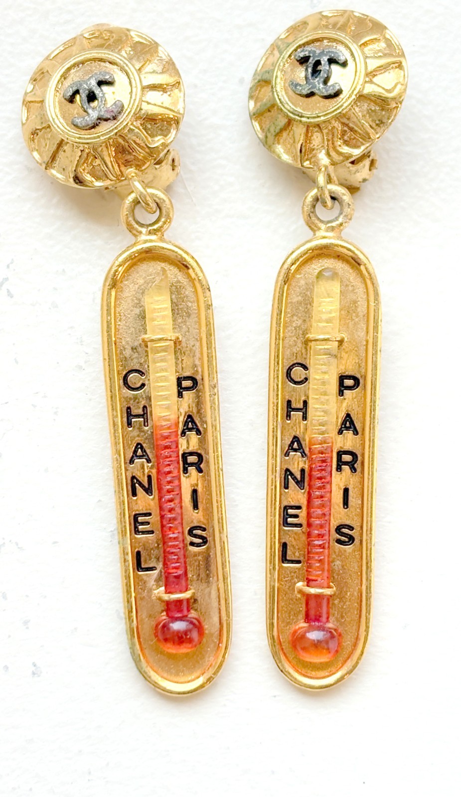 Chanel 1960s Vintage Goldtone Thermometer Dangling Clip On Novelty Earrings