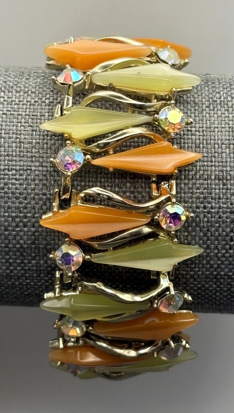 VTG Thermoset Green Orange Leaf Mod Bracelet Aurora Borealis AB Rhinestone