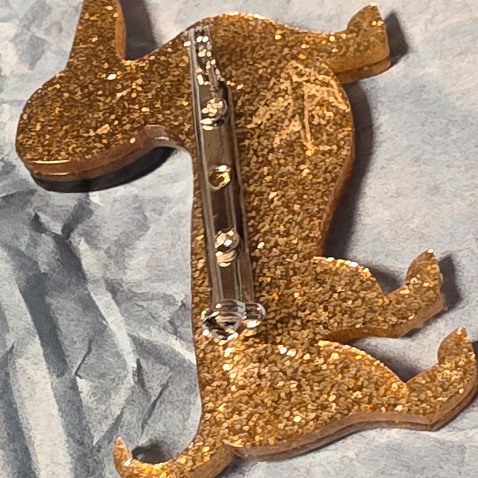 Spiffy the Sausage Dog Brooch Gold Sparkle Brooch Dachshund Pin