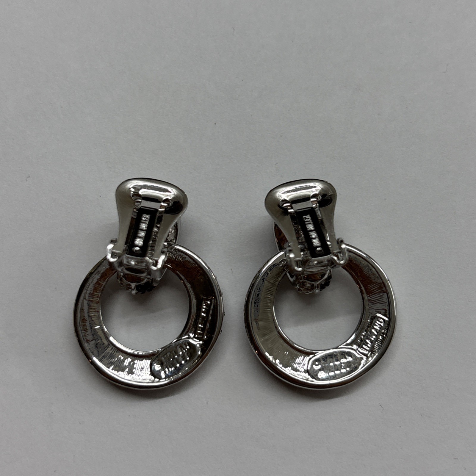 NOLAN MILLER Earrings Black/White Crystal Silver Tone Circle Drop, Clip/style