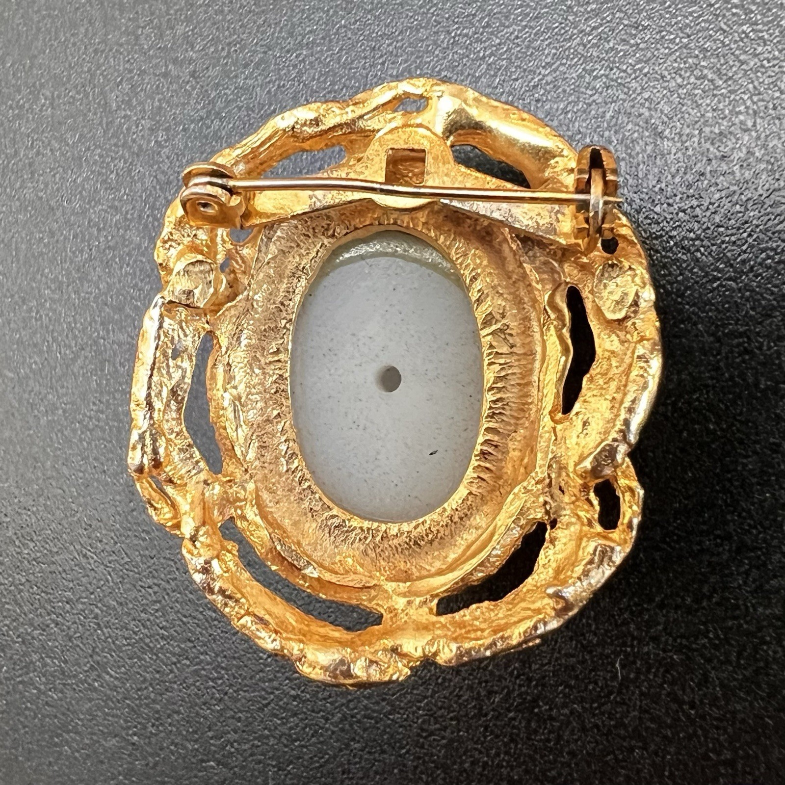 Vintage Black Carved Cameo Style Brooch Gold Tone Ornate Statement Pin