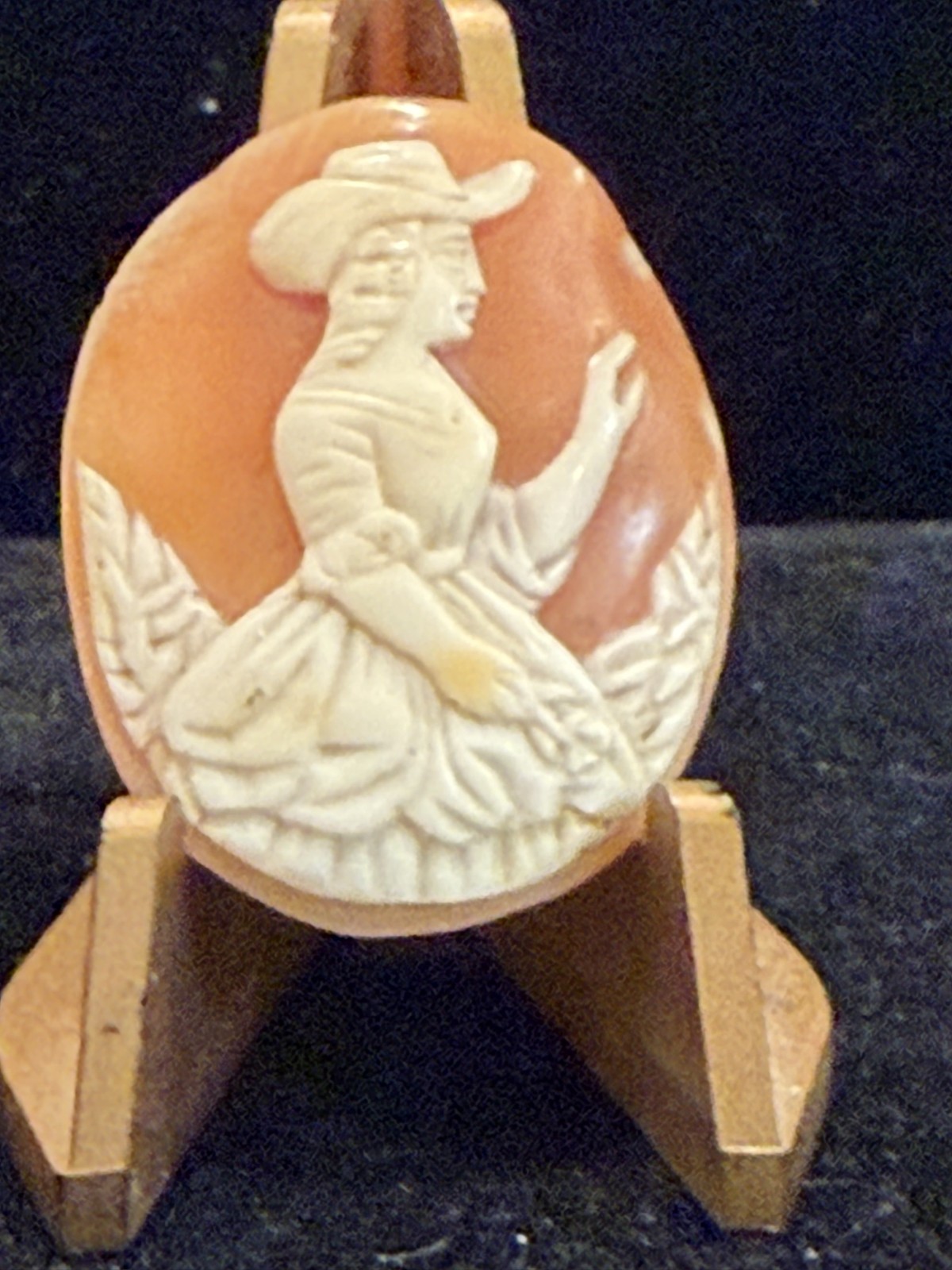 Antique Hand Carved Shell Cameo of Woman Wearing a Cowboy Hat Very Unusual