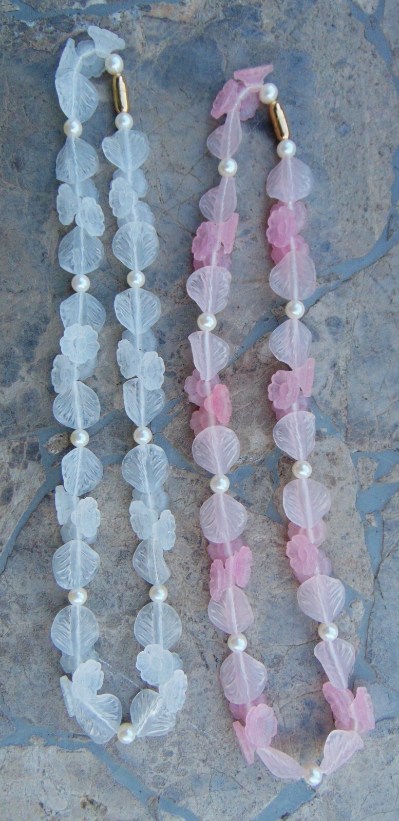 2 VINTAGE NECKLACES!~FROSTED PLASTIC FLOWERS, LEAVES, PEARLS~ GOLD BARREL CLASPS