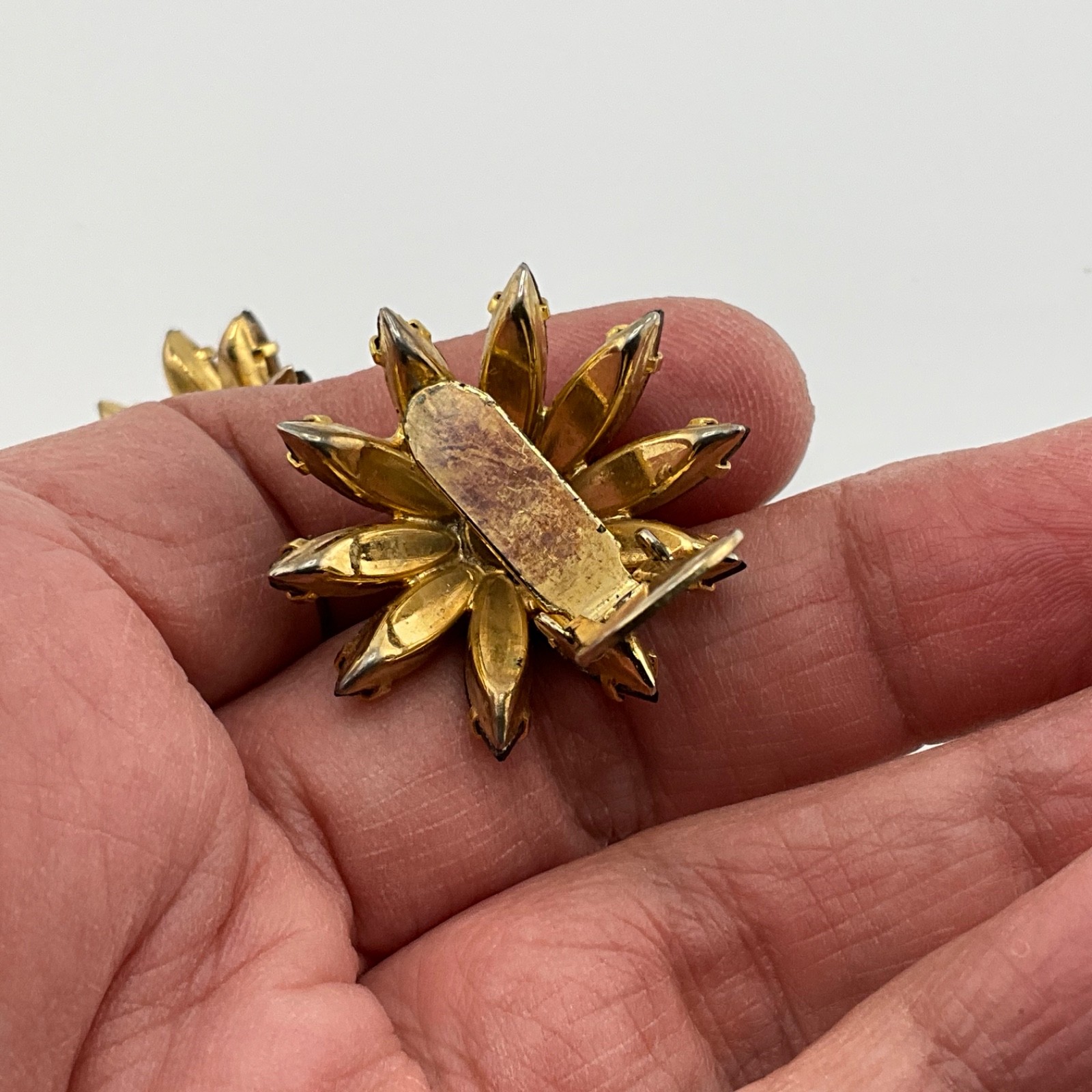 Vintage Mid Century Juliana Clip-On Earrings Navette Domed Amber AB Crystal