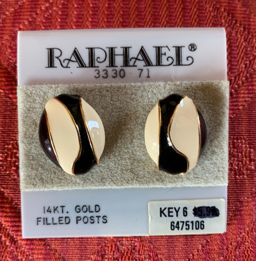 Vintage Raphael Black/White/Gold tone Enamel Pierced Earrings 14 kt Posts