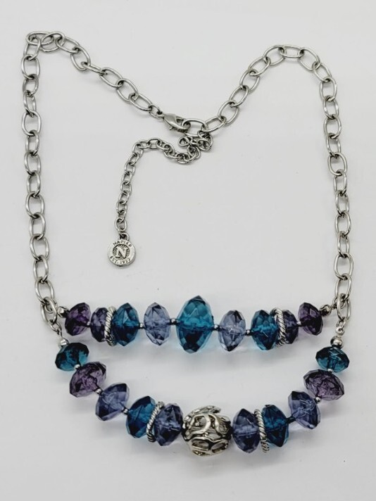 Napier Silver tone Necklace Multicolored Blue Lucite Beads Vintage 21 in