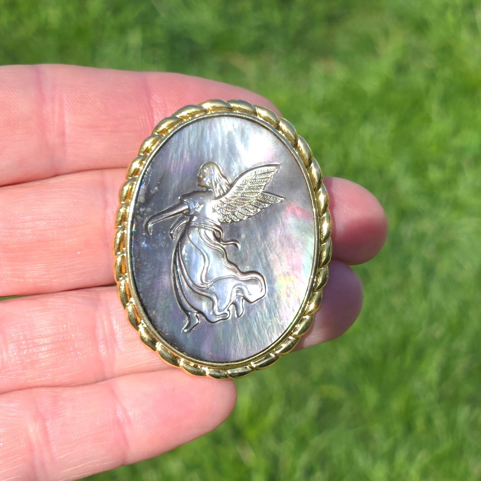 Vintage Guardian Angel Brooch or Pendant Mother of Pearl Cameo Spiritual Jewelry